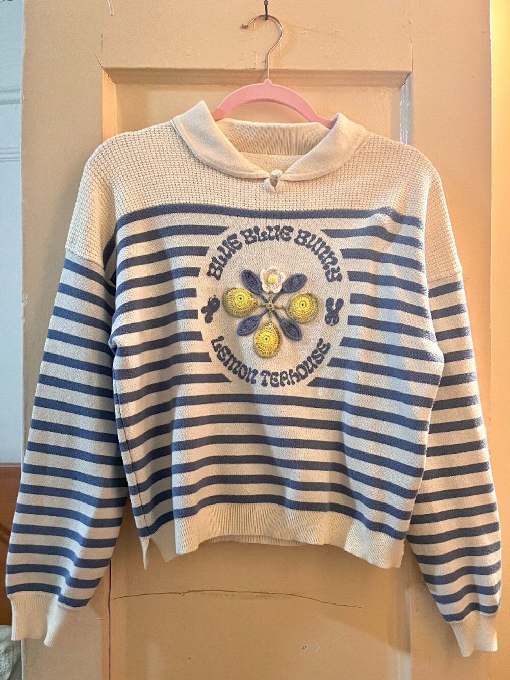 Asian Designer Crochet Lemon Sailor Stripe Knit Sweater One Size